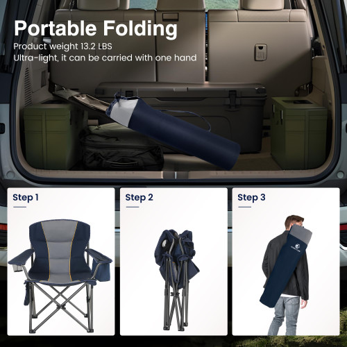 Oversized Portable Camping Folding Chair, Heavy Duty Portable Lawn Chairs, Folding Chairs for Outside with Cup Holder and Cooler Bag for Camp, Travel, Support 450 LBS, 2 Pack,Blue