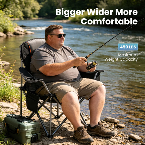 Oversized Folding Camping Chair, Heavy Duty Portable Camp Lawn Chairs, Folding Chairs for Outside with Cup Holder and Cooler Bag for Travel, Beach Support 450 LBS, 2 Pack, Black