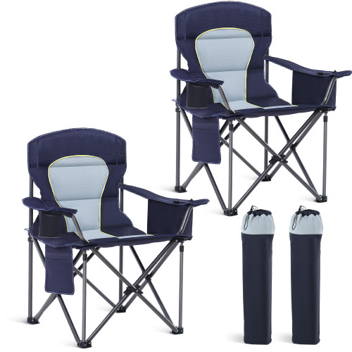 Oversized Camping Folding Chair, Heavy Duty Portable Outdoor Chair, Foldable Camp Chair with Cup Holder and Cooler Bag Support 450 LBS, 2 Pack, Dark Blue