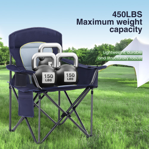 Oversized Camping Folding Chair, Heavy Duty Portable Outdoor Chair, Foldable Camp Chair with Cup Holder and Cooler Bag Support 450 LBS, 2 Pack, Dark Blue