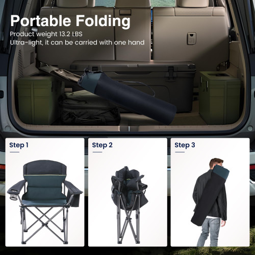 Oversized Camping Folding Chair, Heavy Duty Portable Outdoor Chair, Foldable Camp Chair with Cup Holder and Cooler Bag Support 450 LBS, 2 Pack, Green