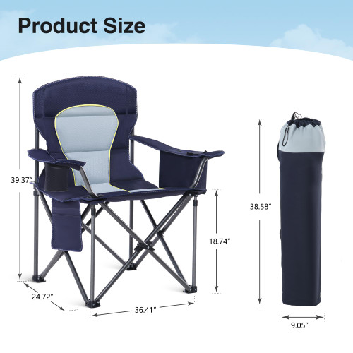 Oversized Camping Folding Chair, Heavy Duty Portable Outdoor Chair, Foldable Camp Chair with Cup Holder and Cooler Bag Support 450 LBS, Dark Blue…