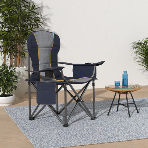 Oversized Portable Folding Camping Chair, Blue, 450 LBS Support, Sports Lawn Chair with Cup Holder and Cooler Bag