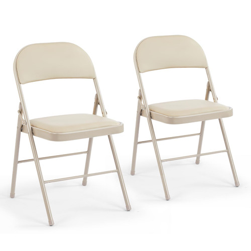 2 Pack Leather Padded Folding Chair, Indoor Outdoor Portable Stackable Commercial Seat with Steel Frame, Capacity for Home, Office, Party, Comfy, Kahki