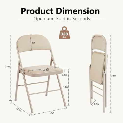 2 Pack Leather Padded Folding Chair, Indoor Outdoor Portable Stackable Commercial Seat with Steel Frame, Capacity for Home, Office, Party, Comfy, Kahki
