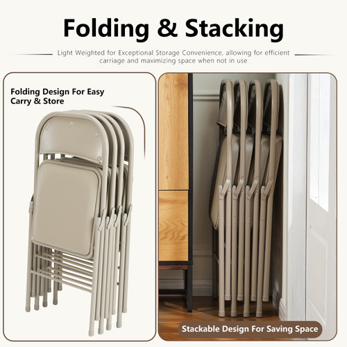 2 Pack Leather Padded Folding Chair, Indoor Outdoor Portable Stackable Commercial Seat with Steel Frame, Capacity for Home, Office, Party, Comfy, Kahki