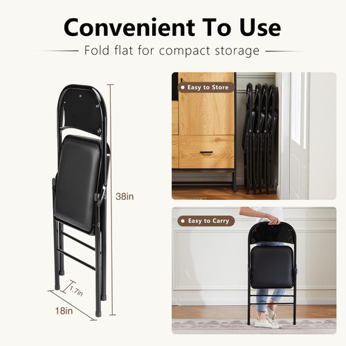 6 Pack Leather Padded Folding Chair, Indoor Outdoor Portable Stackable Commercial Seat with Steel Frame, Capacity for Home, Office, Party, Comfy, Black