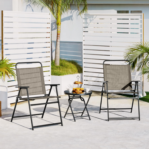 Outdoor Patio Chairs Set of 2, Folding Patio Chairs for Outside with Metal Frame, Armrests, Portable Dining Chairs for Camping, Lawn, Garden and Porch, Brown