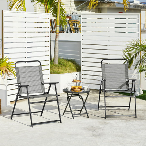 Outdoor Patio Chairs Set of 2, Folding Patio Chairs with Metal Frame, Armrests, Portable Dining Chairs for Camping, Lawn, Garden and Porch, Gray