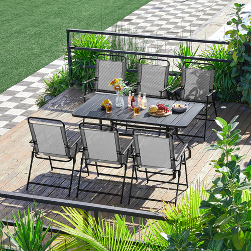 Outdoor Patio Chairs Set of 2, Folding Patio Chairs with Metal Frame, Armrests, Portable Dining Chairs for Camping, Lawn, Garden and Porch, Gray
