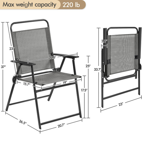 Outdoor Patio Chairs Set of 2, Folding Patio Chairs with Metal Frame, Armrests, Portable Dining Chairs for Camping, Lawn, Garden and Porch, Gray