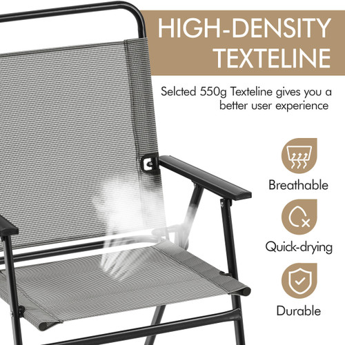 Outdoor Patio Chairs Set of 2, Folding Patio Chairs with Metal Frame, Armrests, Portable Dining Chairs for Camping, Lawn, Garden and Porch, Gray