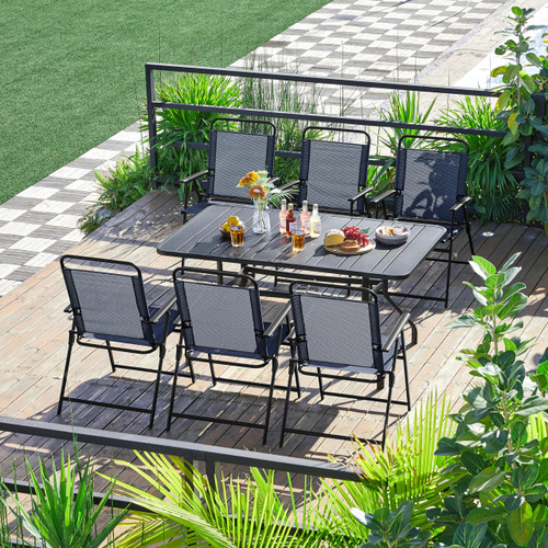 Outdoor Patio Chairs Set of 2, Folding Patio Chairs with Metal Frame, Armrests, Portable Dining Chairs for Camping, Lawn, Garden and Porch, Navy Blue