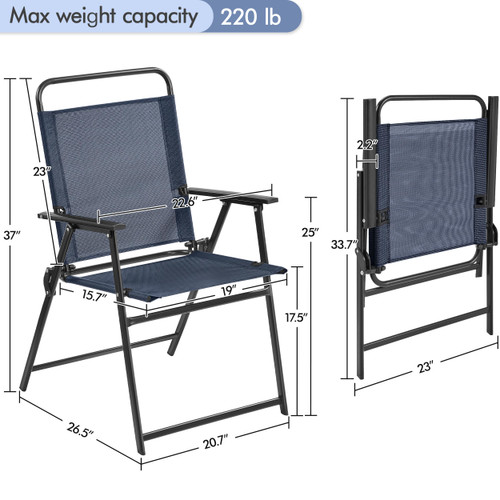 Outdoor Patio Chairs Set of 4, Folding Patio Chairs for Outside with Metal Frame, Armrests, Portable Dining Chairs for Camping, Lawn, Garden and Porch, Navy Blue