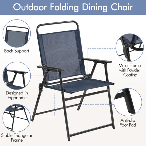 Outdoor Patio Chairs Set of 4, Folding Patio Chairs for Outside with Metal Frame, Armrests, Portable Dining Chairs for Camping, Lawn, Garden and Porch, Navy Blue