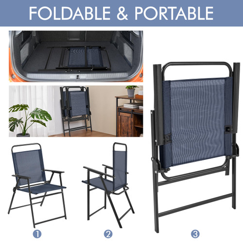 Outdoor Patio Chairs Set of 4, Folding Patio Chairs for Outside with Metal Frame, Armrests, Portable Dining Chairs for Camping, Lawn, Garden and Porch, Navy Blue