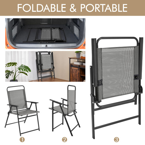 Outdoor Patio Chairs Set of 4, Folding Patio Chairs with Metal Frame, Armrests, Portable Dining Chairs for Camping, Lawn, Garden and Porch, Gray