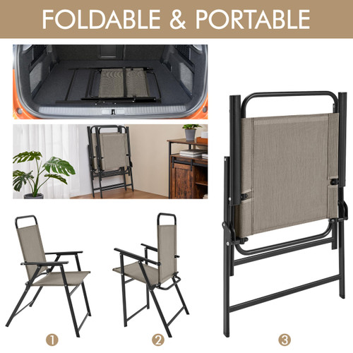 Outdoor Patio Chairs Set of 4, Folding Patio Chairs with Metal Frame, Armrests, Portable Dining Chairs for Camping, Lawn, Garden and Porch, Brown