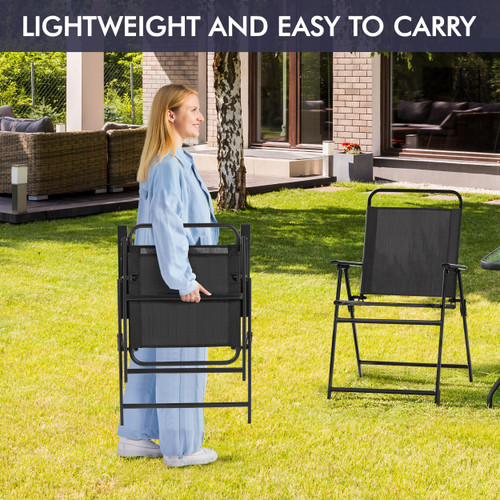 Outdoor Folding Patio Chairs Set of 4, Portable Outdoor Folding Chairs for Outside, Lawn, Garden and Porch with Metal Frame, Armrests, Stackable, Foldable and Portable Design, Black