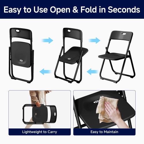 6 Pack Black Plastic Folding Chairs, Lightweight Foldable Chair with 350lbs Capacity, Portable Seat with Sturdy Steel Frame for Indoor & Outdoor Use