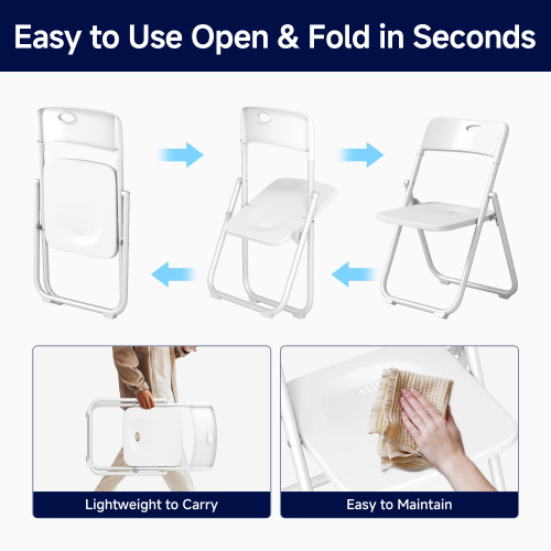 6 Pack White Plastic Folding Chairs, Lightweight Foldable Chair with 350lbs Capacity, Portable Seat with Sturdy Steel Frame for Indoor & Outdoor Use