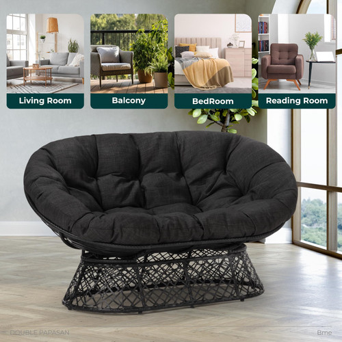 Double Papasan Chair, 600lbs Capacity, Ergonomic Design, Soft Thick Fabric Cushion, Bee-Designed Base, Durable Steel Frame, 61", Onyx Stone - Black Base