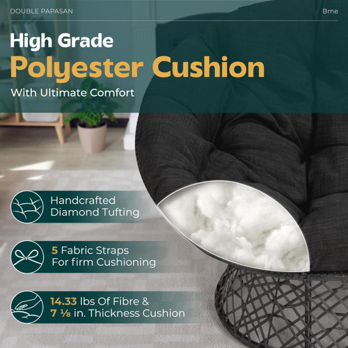 Double Papasan Chair, 600lbs Capacity, Ergonomic Design, Soft Thick Fabric Cushion, Bee-Designed Base, Durable Steel Frame, 61", Onyx Stone - Black Base