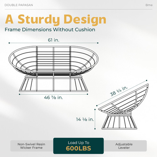Double Papasan Chair, 600lbs Capacity, Ergonomic Design, Soft Thick Fabric Cushion, Bee-Designed Base, Durable Steel Frame, 61", Onyx Stone - Black Base