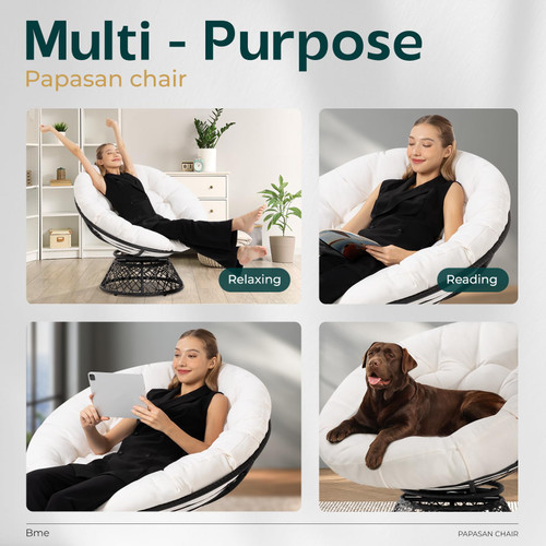 40" Ergonomic Wicker Papasan Chair with Soft Thick Density Fabric Cushion, High Capacity Steel Frame, 360 Degree Swivel for Living, Bedroom, Reading Room, Lounge