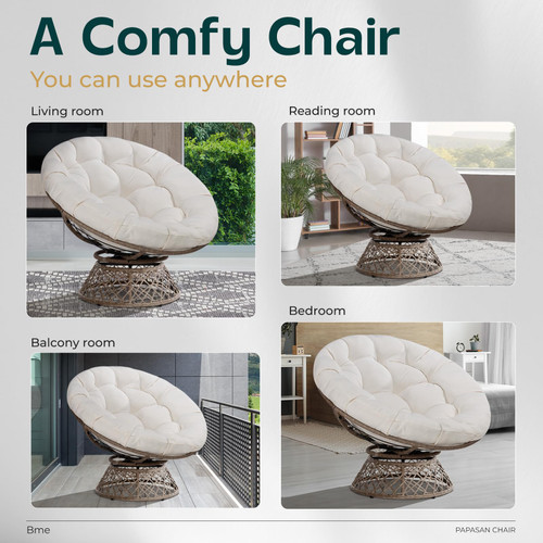 40" Ergonomic Wicker Papasan Chair with Soft Thick Density Fabric Cushion, High Capacity Steel Frame, 360 Degree Swivel for Living, Bedroom, Reading Room, Lounge