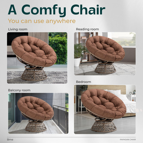 40" Ergonomic Wicker Papasan Chair with Soft Thick Density Fabric Cushion, High Capacity Steel Frame, 360 Degree Swivel for Living, Bedroom, Reading Room, Lounge, Cinnamon Mocha - Brown Base
