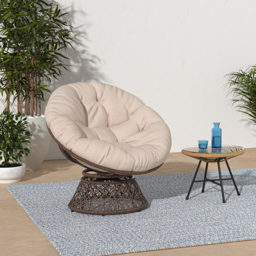 40" Ergonomic Wicker Papasan Chair with Soft Thick Density Fabric Cushion, High Capacity Steel Frame, 360 Degree Swivel for Living, Bedroom, Reading Room, Lounge, Sepia Sand - Brown Base