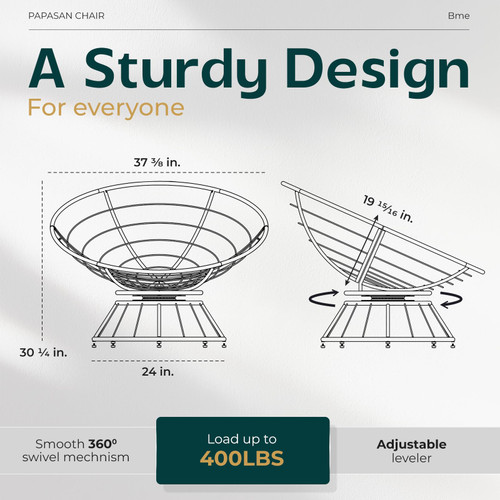 40" Ergonomic Wicker Papasan Chair with Soft Thick Density Fabric Cushion, High Capacity Steel Frame, 360 Degree Swivel for Living, Bedroom, Reading Room, Lounge, Serene Oasis - White Base