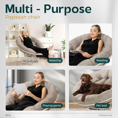 40" Ergonomic Wicker Papasan Chair with Soft Thick Density Fabric Cushion, High Capacity Steel Frame, 360 Degree Swivel for Living, Bedroom, Reading Room, Lounge