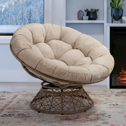  Metal Oversized Swivel Papasan Chair, Living Room Chair with Beige Cushion, Brown Frame, 360° Swivel, Skillfully Woven Resin Wicker, 46 Inch Wide, Bee-Designed Base, Modern Style, Indoor Use