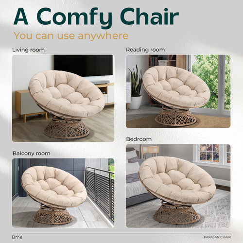  Metal Oversized Swivel Papasan Chair, Living Room Chair with Beige Cushion, Brown Frame, 360° Swivel, Skillfully Woven Resin Wicker, 46 Inch Wide, Bee-Designed Base, Modern Style, Indoor Use