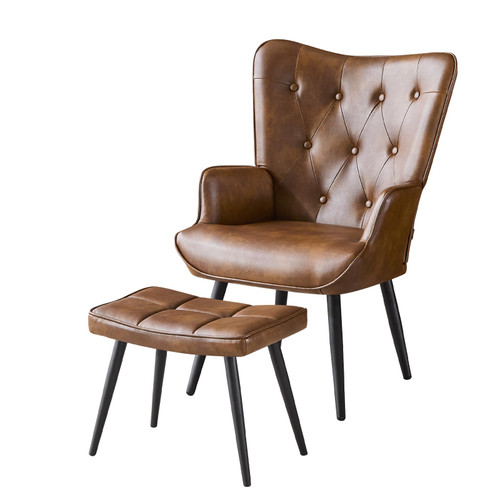 Modern Accent Chair with Ottoman, Upholstered Reading Chair with Ottoman Set, Wingback Chairs with Backrest & Metal Legs, Tufted-Button Armchair for Bedroom, Living Room, PU, Brown