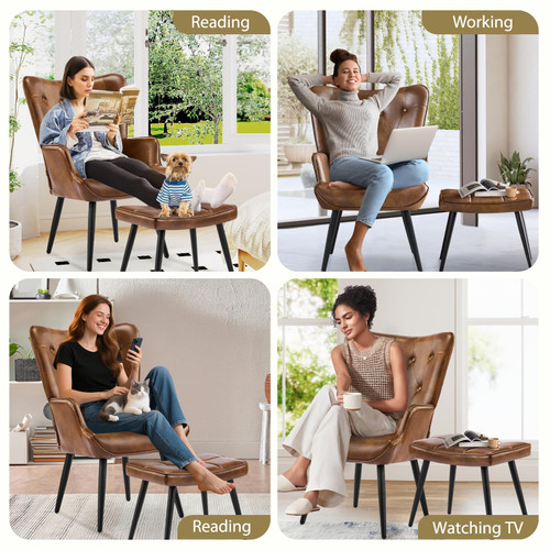Modern Accent Chair with Ottoman, Upholstered Reading Chair with Ottoman Set, Wingback Chairs with Backrest & Metal Legs, Tufted-Button Armchair for Bedroom, Living Room, PU, Brown
