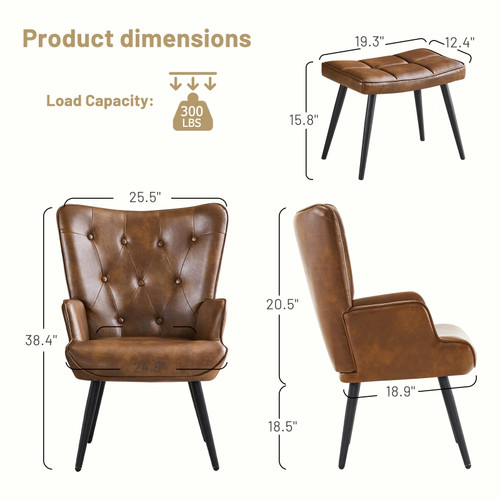 Modern Accent Chair with Ottoman, Upholstered Reading Chair with Ottoman Set, Wingback Chairs with Backrest & Metal Legs, Tufted-Button Armchair for Bedroom, Living Room, PU, Brown