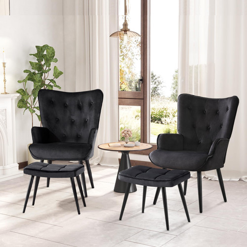 Modern Accent Chair with Ottoman, Upholstered Reading Chair with Ottoman Set, Wingback Chairs with Backrest & Metal Legs, Tufted-Button Armchair for Bedroom, Home Office, Velvet, Black