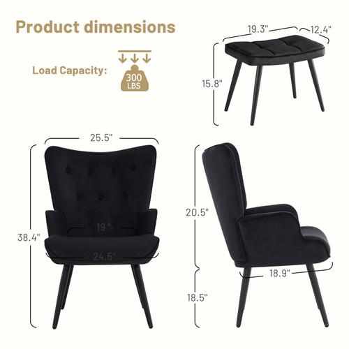 Modern Accent Chair with Ottoman, Upholstered Reading Chair with Ottoman Set, Wingback Chairs with Backrest & Metal Legs, Tufted-Button Armchair for Bedroom, Home Office, Velvet, Black