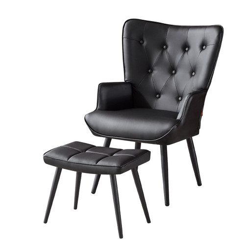Modern Accent Chair with Ottoman, Upholstered Reading Chair with Ottoman Set, Wingback Chairs with Backrest & Metal Legs, Tufted-Button Armchair for Bedroom, Home Office, PU, Black