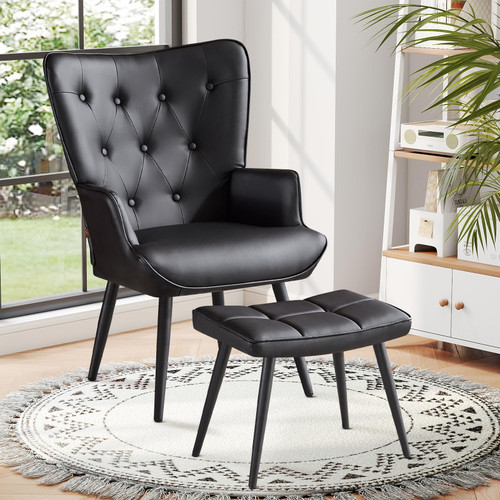 Modern Accent Chair with Ottoman, Upholstered Reading Chair with Ottoman Set, Wingback Chairs with Backrest & Metal Legs, Tufted-Button Armchair for Bedroom, Home Office, PU, Black
