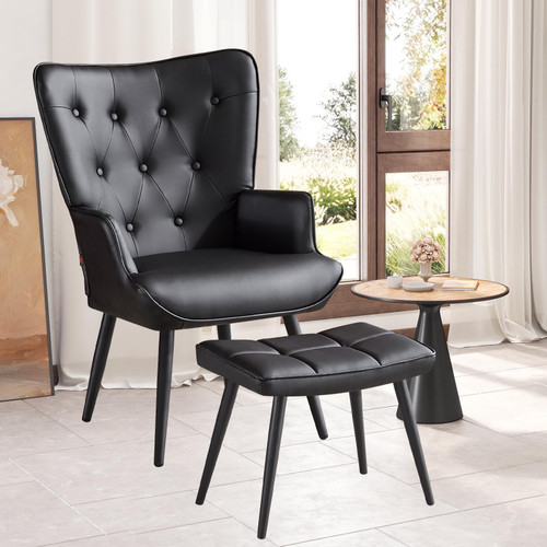 Modern Accent Chair with Ottoman, Upholstered Reading Chair with Ottoman Set, Wingback Chairs with Backrest & Metal Legs, Tufted-Button Armchair for Bedroom, Home Office, PU, Black