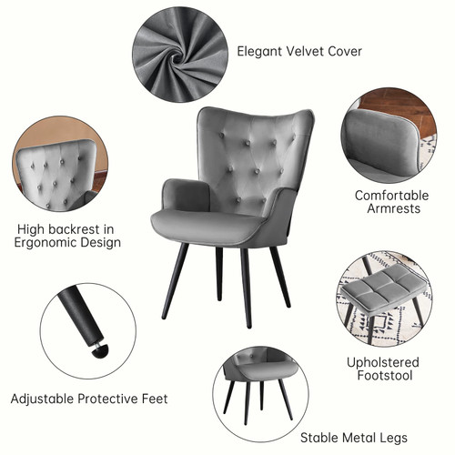Modern Accent Chair with Ottoman, Upholstered Reading Chair with Ottoman Set, Wingback Chairs with Backrest & Metal Legs, Tufted-Button Armchair for Bedroom, Living Room, Velvet, Grey