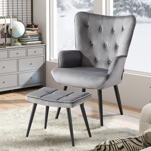 Modern Accent Chair with Ottoman, Upholstered Reading Chair with Ottoman Set, Wingback Chairs with Backrest & Metal Legs, Tufted-Button Armchair for Bedroom, Living Room, Velvet, Grey