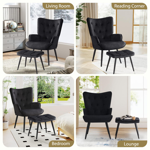Modern Accent Chair with Ottoman, Upholstered Reading Chair with Ottoman Set, Wingback Chairs with Backrest & Metal Legs, Tufted-Button Armchair for Bedroom, Velvet, Black, Set of 2