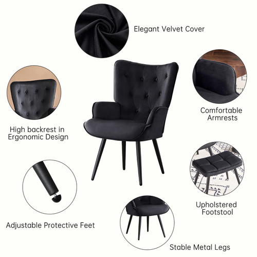 Modern Accent Chair with Ottoman, Upholstered Reading Chair with Ottoman Set, Wingback Chairs with Backrest & Metal Legs, Tufted-Button Armchair for Bedroom, Velvet, Black, Set of 2