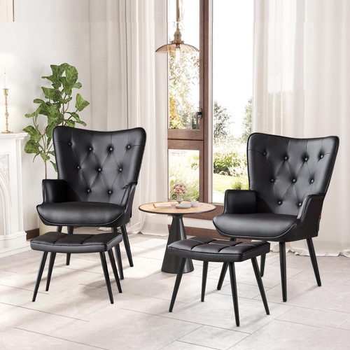 Modern Accent Chair with Ottoman, Upholstered Reading Chair with Ottoman Set, Wingback Chairs with Backrest & Metal Legs, Tufted-Button Armchair for Bedroom, PU, Black, Set of 2