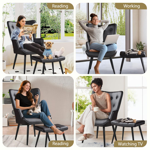 Modern Accent Chair with Ottoman, Upholstered Reading Chair with Ottoman Set, Wingback Chairs with Backrest & Metal Legs, Tufted-Button Armchair for Bedroom, PU, Black, Set of 2